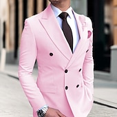 billiga Herrars klassiska kavajer-Herr Studenten Kavaj Företag Cocktailfest Bröllopsfest Mode Ledigt Vår &amp; Höst Polyester Ensfärgat Knappar Ficka Bekväm Dubbelknäppt Blazer Ljusrosa Gul Rodnande Rosa Kungsblå