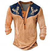 Men's Halloween Deer Henley Shirt Long Sleeve 3D Print Daily Ethnic Party Street Casual Winter Spring & Fall Blue Orange Gray Henley Henley T-Shirt 7