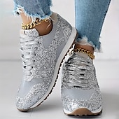 billige Sneakers til kvinner-kvinners sølvglitter joggesko mesh snøring med komfortabel såle