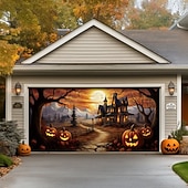 tanie Halloween pokrycie drzwi garażowych-dekoracje drzwi halloweenowych na zewnątrz halloweenowy baner na drzwi garażowe jack o lantern duży gobelin dekoracja tła na święta zewnętrzne drzwi garażowe dekoracje ścienne domu