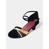 abordables Chaussures de danses latines-chaussures de danse noires et dorées pour femmes avec bride à la cheville - talons de danse latine pour salon, salsa et tango, confortables et élégants pour les performances et la pratique