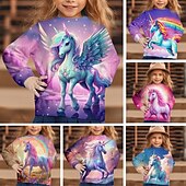 billiga Flickans 3D-tecknad film-Flickor 3D Grafisk Tecknat Enhörnings T-shirt Långärmad 3D-tryck Sommar Höst Aktiv Mode söt stil Barn 3-12 år Utomhus Ledigt Dagligen Normal