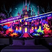 cheap Halloween Wall Tapestries-Halloween Blacklight Tapestry Haunted Castle UV Reactive Glow in the Dark Glow Party Trippy Misty Haunted House Hanging Tapestry Wall Art Mural for Living Room Bedroom