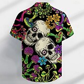 preiswerte Halloween-Shirts-Totenkopf Motiv Brautkleider schlicht Dunkel Herren Knopfhemd Kurzarm Partyabend Täglich Urlaub Sommer Hemden mit Kragen Knopf hoch 3D-Druck Dünn Schwarz Polyester