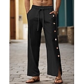 cheap Luxury Linen Pants-40% Linen Men&#039;s Linen Pants Trousers Summer Pants Drawstring Elastic Waist Side Button Plain Breathable Comfortable Office / Career Daily Vacation Classic Casual Black White