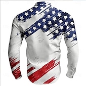 billiga Flaggmönster-Amerikanska självständighetsdagen Herr Amerikanska flaggan Patriotisk Knapp upp skjorta Långärmad Ledigt Semester Dagligen Sommar Vår &amp; Höst Bandkrage farfars krage 3D-utskrift Blå