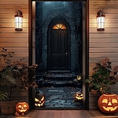 billige Halloween dørdeksler-halloween dørdekorasjoner halloween dørdeksler skummel dyster dør billedvev dør gardin dekorasjon bakteppe dør banner for inngangsdør gårdshus ferie fest innendørs utendørs dekor forsyninger