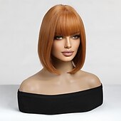baratos Perucas Sintéticas sem Touca-Perucas de Cosplay Ondas Soltas Prumo Franja Lisa Com Franjas Peruca 14 polegadas Cabelo Sintético Mulheres Elástico Adorável Confortável Laranja