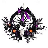 olcso Halloween kellékvilágítás-halloween koszorú műkoponyával és karácsonyi díszekkel - kísérteties lila virágos szőlőajtó függő kísértetjárta házhoz és félelmetes parti dekorációhoz