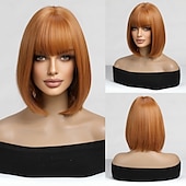 baratos Perucas Sintéticas sem Touca-Perucas de Cosplay Ondas Soltas Prumo Franja Lisa Com Franjas Peruca 14 polegadas Cabelo Sintético Mulheres Elástico Adorável Confortável Laranja