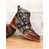 ieftine Botine-botine de damă cu șireturi cu imprimeu floral – cizme retro din piele artificială și țesătură jacquard pentru ținute casual de toamnă și iarnă