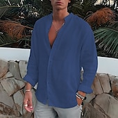 economico Vacanza-Per uomo Camicia Camicia con colletto a fascia Camicia estiva Abbigliamento mare Camicia con bottoni Liscio Esterno Da mare Nero Bianco Blu Verde Manica lunga Collo ripiegabile Primavera &amp; Autunno