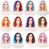 economico Parrucche da festa-parrucche sintetiche corte da donna resistenti al calore capelli ricci parte centrale parrucca multicolore arcobaleno blu arancione sfumata