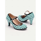 preiswerte 1950er Jahre-Damen Absätze Retro Mary Jane Arbeit Täglich Plaid Farbblock Schnalle Stöckelabsatz Runde Zehe Elegant Vintage PU Stoff Schnalle Schwarz / weiss Weiß und Grün Rot