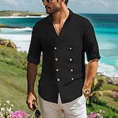 preiswerte Urlaub-Herren Hemd leinenhemd Hemd mit Stehkragen Sommerhemd Strandbekleidung Knopfhemd Glatt Urlaub Curise Schwarz Weiß Blau Langarm Stehkragen Frühling Sommer Bekleidung Doppelreihiger Verschluss
