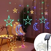abordables Lumières de cordes solaires-Rideau lumineux en forme d&#039;étoile et de lune avec télécommande, 3,5 m, 138 LED, 8 modes, pour mariage, fête de Noël, extérieur, étanche, pour tente, chambre à coucher, salon, balcon, fenêtre,