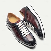 cheap Premium Leather Sneakers-Men&#039;s Quilted Cowhide Leather Lace-Up Sneakers with Red and Black Gradient Design - Stylish Casual Shoes for Everyday Wear
