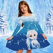 billiga 3D Cartoon Dresser-Flickor 3D Grafisk Tecknat Snöflinga Klänning Snowflake Klänning Volangkjol Långärmad Sommar Vår Semester Dagligen Helgdag Skön Ljuv Barn 4-12 år Festklänning A linjeklänning Knälång Normal