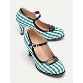 preiswerte 1950er Jahre-Damen Absätze Retro Mary Jane Arbeit Täglich Plaid Farbblock Schnalle Stöckelabsatz Runde Zehe Elegant Vintage PU Stoff Schnalle Schwarz / weiss Weiß und Grün Rot