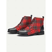 cheap Combat Boots-Women&#039;s Tartan Plaid Combat Boots with Black Leather Toe Cap - Stylish Lace-Up Ankle Boots for Casual Wear and Festive Occasions