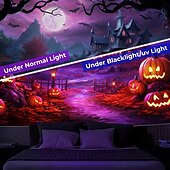 お買い得  ハロウィン壁タペストリー-ハロウィーンの飾り、ブラックライトタペストリー、光るパーティー、不気味な邸宅、城、紫外線反応、暗闇で光る、サイケデリックでトリッピーな霧の吊り下げタペストリー、リビングルーム、寝室用の壁アート壁画