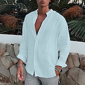 economico Vacanza-Per uomo Camicia Camicia con colletto a fascia Camicia estiva Abbigliamento mare Camicia con bottoni Liscio Esterno Da mare Nero Bianco Blu Verde Manica lunga Collo ripiegabile Primavera &amp; Autunno