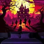 cheap Halloween Wall Tapestries-Halloween Blacklight Tapestry Haunted Castle UV Reactive Glow in the Dark Glow Party Trippy Misty Haunted House Hanging Tapestry Wall Art Mural for Living Room Bedroom
