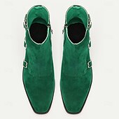 cheap Dress Boots-Men&#039;s Green Suede Buckle Ankle Boots - Stylish Vintage Design for Casual and Formal Wear