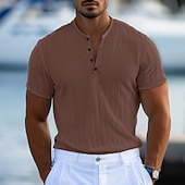 baratos Camiseta Henley Casual-Homens Camisa Henley Camisa de manga curta Camiseta de malha canelada T-shirt Manga Curta Côr Sólida Diário Havaiana Botões Henley Ao ar livre Rua Casual Verão Branco Camiseta Henley
