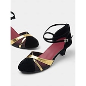 abordables Chaussures de danses latines-chaussures de danse noires et dorées pour femmes avec bride à la cheville - talons de danse latine pour salon, salsa et tango, confortables et élégants pour les performances et la pratique