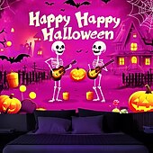 cheap Halloween Wall Tapestries-Halloween Decorations Blacklight Tapestry UV Reactive Glow in the Dark Glow Party Skulls Psychedelic Trippy Misty Hanging Tapestry Wall Art Mural for Living Room Bedroom Pumpkins