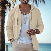 economico Vacanza-Per uomo Camicia camicia di lino Abbigliamento mare Camicia con bottoni Camicia con cappuccio Liscio Da mare Curise Nero Bianco Verde Cachi Manica lunga Con cappuccio Primavera estate Abbigliamento