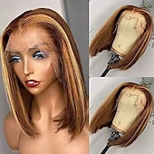 economico Parrucche lace front capelli veri-parrucca in pizzo 13x4 con mèches parrucca corta dritta parrucca frontale in pizzo trasparente parrucche per capelli umani per donne con mèches ombré