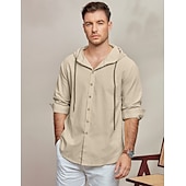 economico Classico-Per uomo Camicia Camicia di lino Abbigliamento da spiaggia Camicia con Bottoni Camicia con cappuccio Semplice Vacanza Casuale Nero Bianco Blu Verde Manica Lunga Con Cappuccio Primavera &amp; Estate