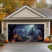 billige Halloween garasjeportdeksel-halloween dørdekorasjoner utendørs halloween garasjedørdeksel jack o lanterne gresskar slott banner skummel skog stort bakteppe dekorasjon for ferie utendørs garasjedør hjem veggdekorasjoner