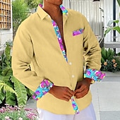 preiswerte Blumenmuster-Herren Blumen Tropische Blumen Strandhemd Hawaiihemd Sommerhemd Knopfhemd Langarm Hemd Hemden mit Kragen Hawaiianisch Urlaub Täglich Weiß Gelb Blau S M L