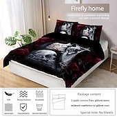 cheap Duvet Cover Sets-Gothic Cool Skull Floral Print 3-Piece Duvet Cover Set Bedding Set - Unique and Artistic Design - Includes Duvet Cover and Pillowcases - Soft and Durable Fabric - Perfect for Adding an Edgy Touch to Your Bedroom Decor