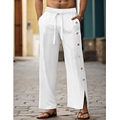cheap Luxury Linen Pants-40% Linen Men&#039;s Linen Pants Trousers Summer Pants Drawstring Elastic Waist Side Button Plain Breathable Comfortable Office / Career Daily Vacation Classic Casual Black White