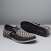 abordables Occasionnel-mocassins à enfiler à carreaux marron et blanc pour hommes avec similicuir et toile, chaussures décontractées confortables à porter au quotidien