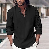 preiswerte Urlaub-Herren Hemd leinenhemd Wikinger-Stil Sommerhemd Strandbekleidung Glatt Urlaub Curise Schwarz Weiß Rosa Blau Langarm V Ausschnitt Frühling Sommer Bekleidung mit Schnürung
