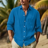 cheap Vacation-Men&#039;s Shirt Cotton Linen Shirt Summer Shirt Beach Wear Button Up Shirt Plain Vacation Curise Black White Pink Navy Blue Long Sleeve Lapel Spring &amp; Summer Clothing Apparel