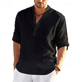 preiswerte Klassiker-Herren Hemd leinenhemd Hemd mit Stehkragen Popover-Shirt Sommerhemd Strandbekleidung Feste Farbe Hawaiianisch Festtage Schwarz Weiß Gelb Rosa Langarm Henley Sommer Frühling Bekleidung Button-Down