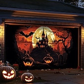 tanie Halloween pokrycie drzwi garażowych-dekoracje drzwi halloweenowych na zewnątrz halloweenowy baner na drzwi garażowe jack o lantern duży gobelin dekoracja tła na święta zewnętrzne drzwi garażowe dekoracje ścienne domu