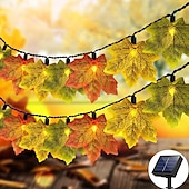 ieftine Halloween în aer liber-Ghirlandă artificială cu frunze de arțar cu energie solară 6,5 m 30 led-uri de Ziua Recunoștinței Halloween frunze de toamnă decorare în aer liber grădină interioară terasă șemineu pentru iluminat