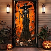 billige Halloween dørdeksler-halloween dørdekorasjoner halloween dørdeksler skjelett heks dør billedvev dør gardin dekorasjon bakteppe dør banner for inngangsdør gårdshus ferie fest innendørs utendørs dekor forsyninger