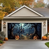 billige Halloween garasjeportdeksel-halloween dørdekorasjoner utendørs halloween garasjedørdeksel jack o lanterne gresskar slott banner skummel skog stort bakteppe dekorasjon for ferie utendørs garasjedør hjem veggdekorasjoner