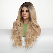 abordables Perruques synthétiques à dentelle-Perruque en dentelle synthétique Ondulation naturelle Style 26 pouce Blond Partie médiane Ouverte Perruque Femme Perruque Brun doré avec blond