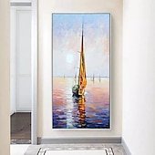abordables Peintures paysages-Peinture à l&#039;huile faite à la main abstraite voilier toile art peintures à la main nautique peinture à l&#039;huile sur toile grand voilier peintures mur art moderne paysage marin peinture pour chambre