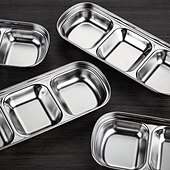 cheap Dining &amp; Cutlery-2/4pcs Stainless Steel Soy Sauce Dish Dipping Bowls 3 Grids Divided Sauce Dishes Side Dishes for Soy Sauce Ketchup Seasoning Sushi (3 Grid)