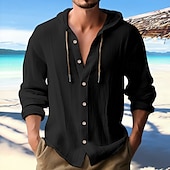 cheap Men&#039;s  Overshirts-Men&#039;s Shirt Linen Shirt Calico Shirt Beach Wear Button Up Shirt Hooded Shirt Plain Casual Daily Black White Blue Green Long Sleeve Hooded Spring &amp; Summer Clothing Apparel Buttons